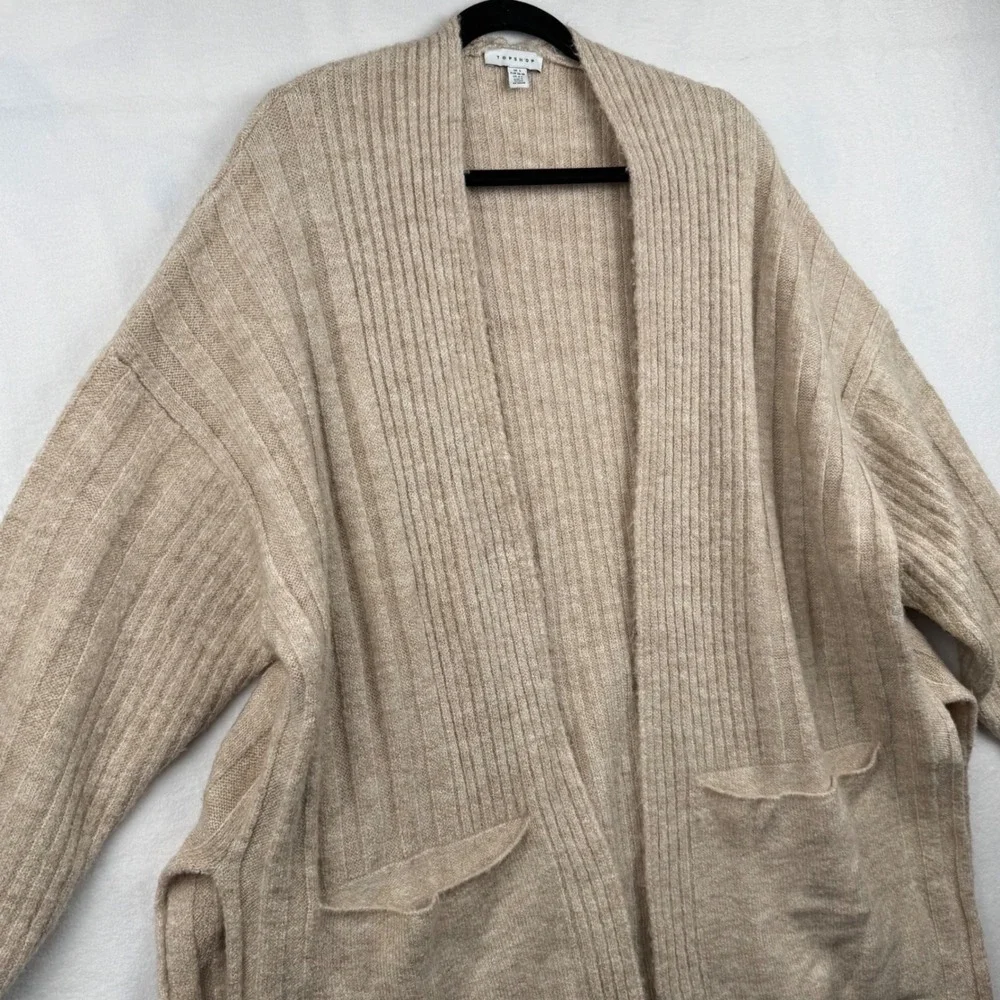 Topshop Cardigan Open‎ Front Ribbed Knit Pockets Casual Comfy Tan Small S